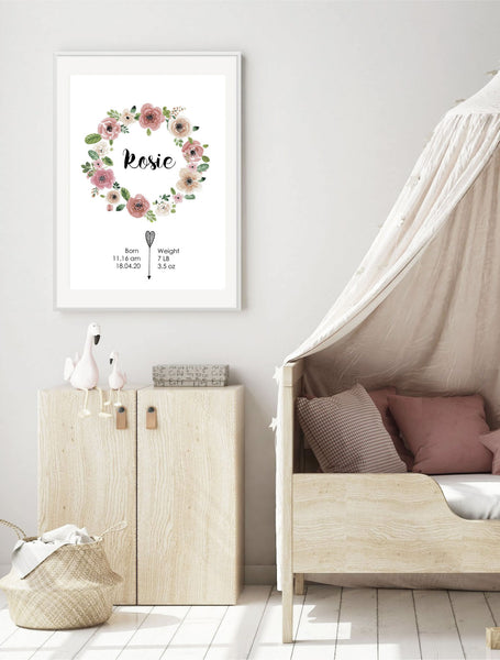 Custom Birth Print for Nursery -Floral Wreath Design