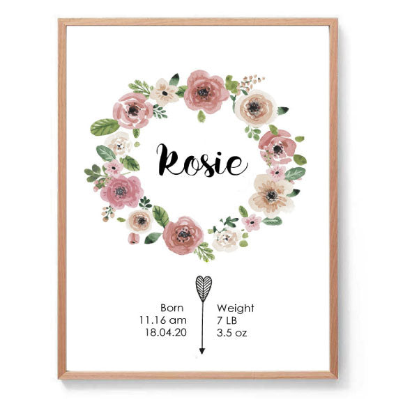 Custom Birth Print for Nursery -Floral Wreath Design