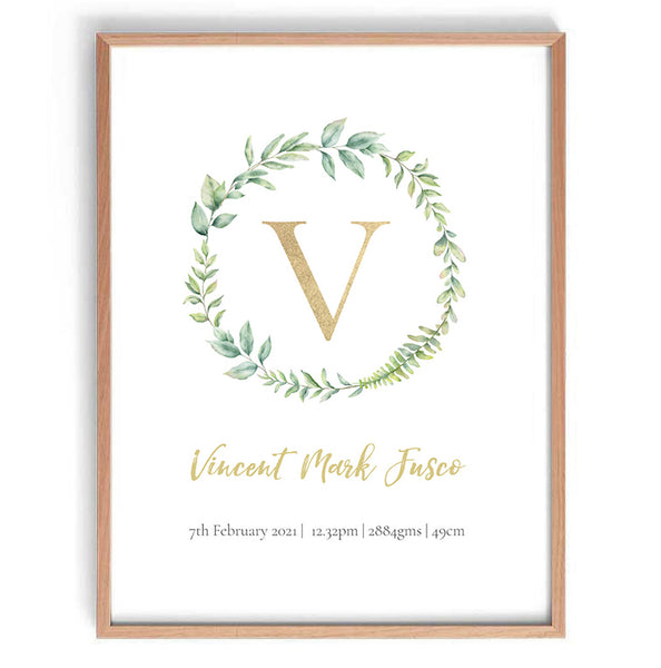 Custom Birth Print for Nursery - Leaf Wreath Design-CUSTOM - Nursery Prints,Prints for - GIRLS-Online Framed-Australian Made Wall Art-Milk n Honey Designs