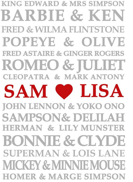 Famous Lovers Personalised Print-Prints for - COUPLES,CUSTOM - Love and Family Prints-Online Framed-Australian Made Wall Art-Milk n Honey Designs