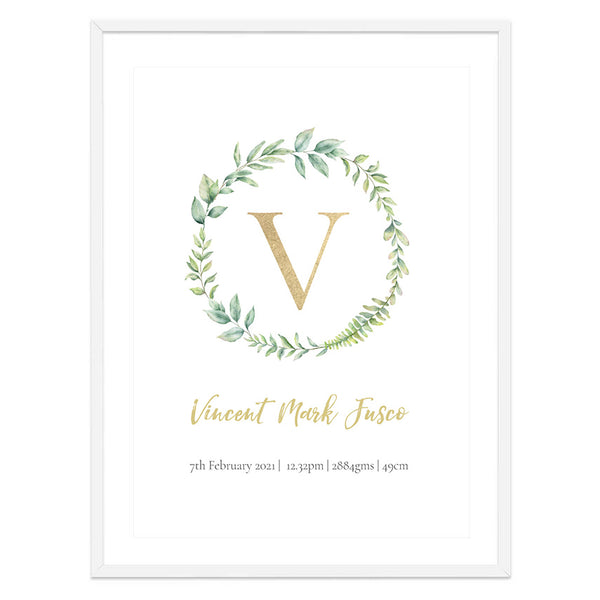 Custom Birth Print for Nursery - Leaf Wreath Design-CUSTOM - Nursery Prints,Prints for - GIRLS-Online Framed-Australian Made Wall Art-Milk n Honey Designs
