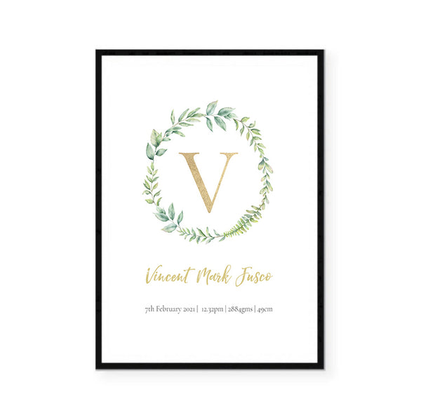 Custom Birth Print for Nursery - Leaf Wreath Design-CUSTOM - Nursery Prints,Prints for - GIRLS-Online Framed-Australian Made Wall Art-Milk n Honey Designs