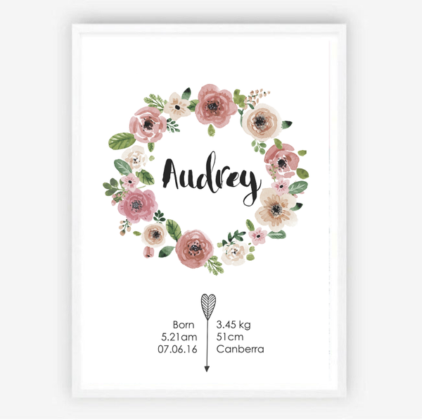 Custom Birth Print for Nursery -Floral Wreath Design-CUSTOM - Nursery Prints,Prints for - GIRLS-Online Framed-Australian Made Wall Art-Milk n Honey Designs