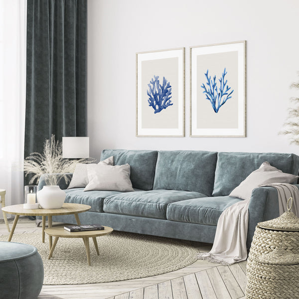 Blue Coral on Linen II Print