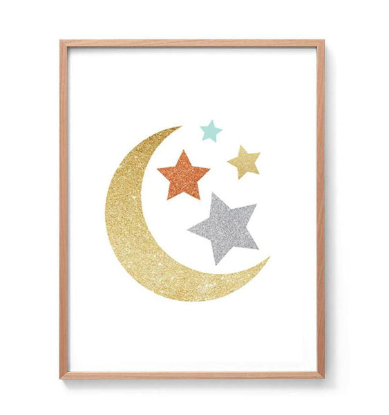 Moon And Stars Gold And Silver Sparkle Glitter Print-Prints for - GIRLS-Online Framed-Australian Made Wall Art-Milk n Honey Designs